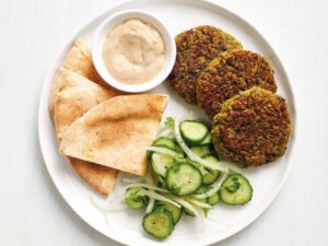 baked falafel with cucumbers and tahini